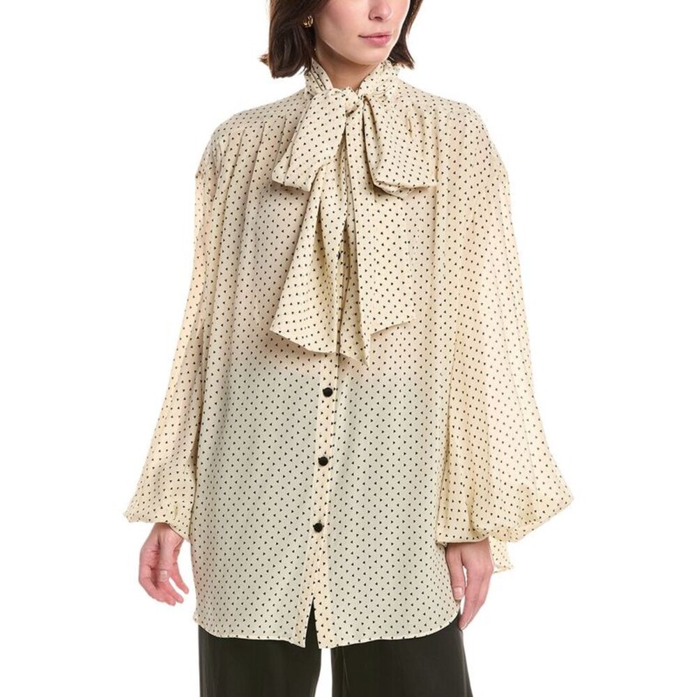 Balmain Womens  Bow Tie Printed Silk Shirt, Brown